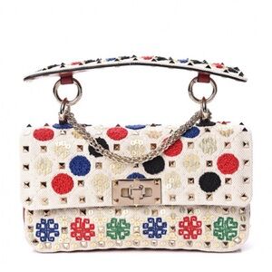 VALENTINO GARAVANI Canvas Sequin Embroidered Rockstud Spike Shoulder Bag, Beige